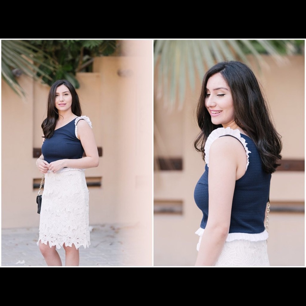 Zara Navy white ruffle trim one shoulder top